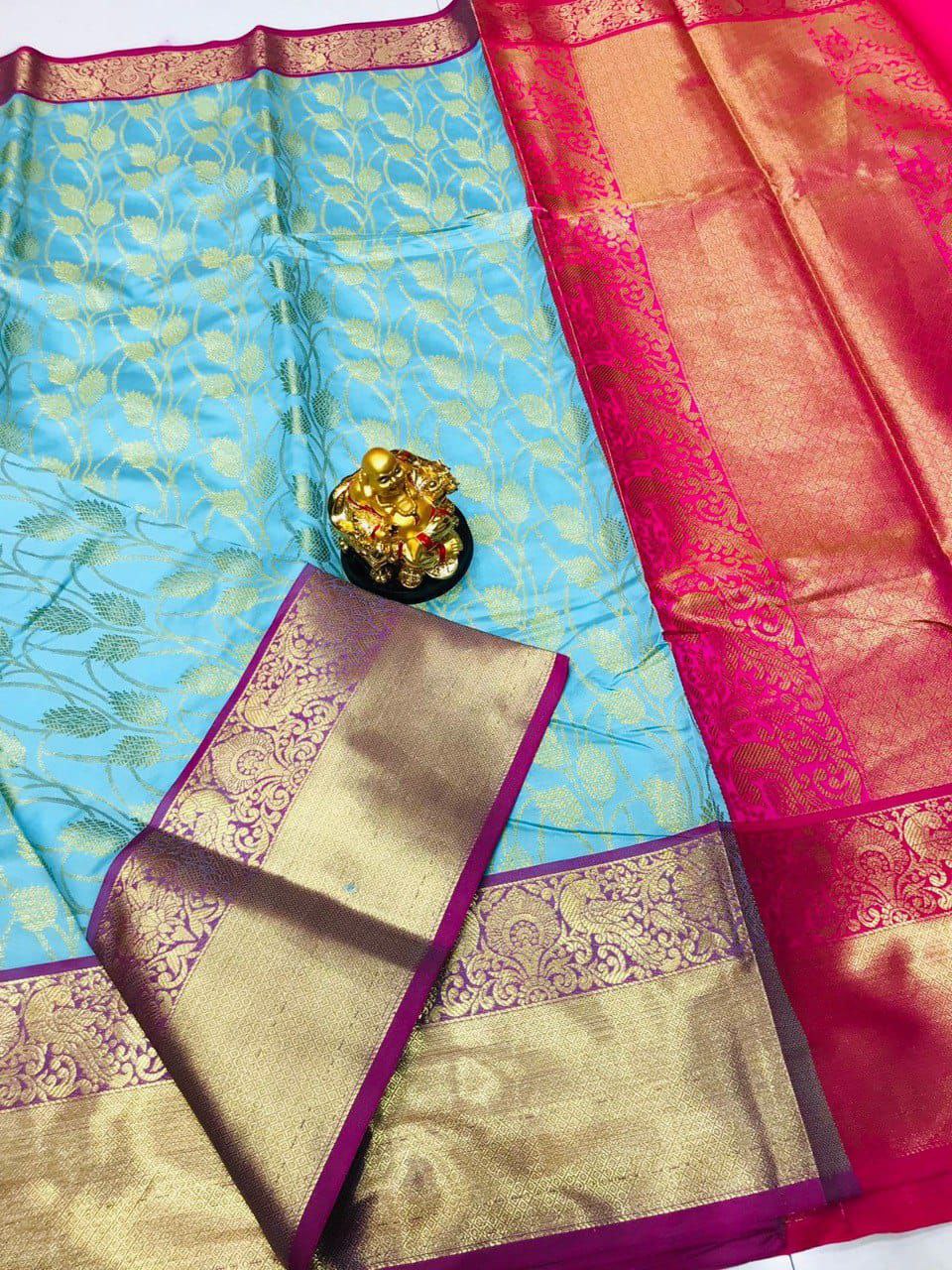 Prominent Sky Kanjivaram Silk With Redolent Blouse Piece