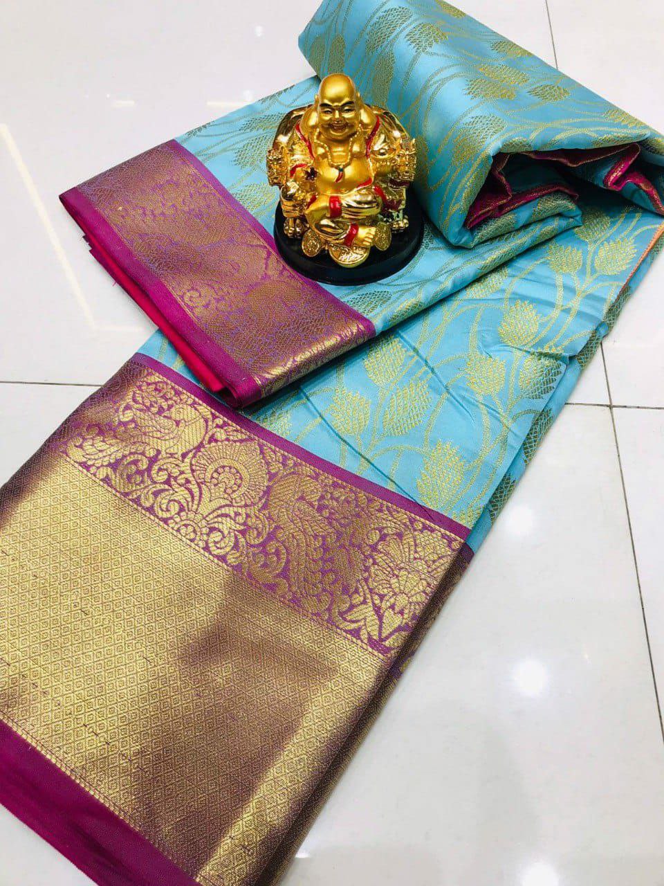 Prominent Sky Kanjivaram Silk With Redolent Blouse Piece