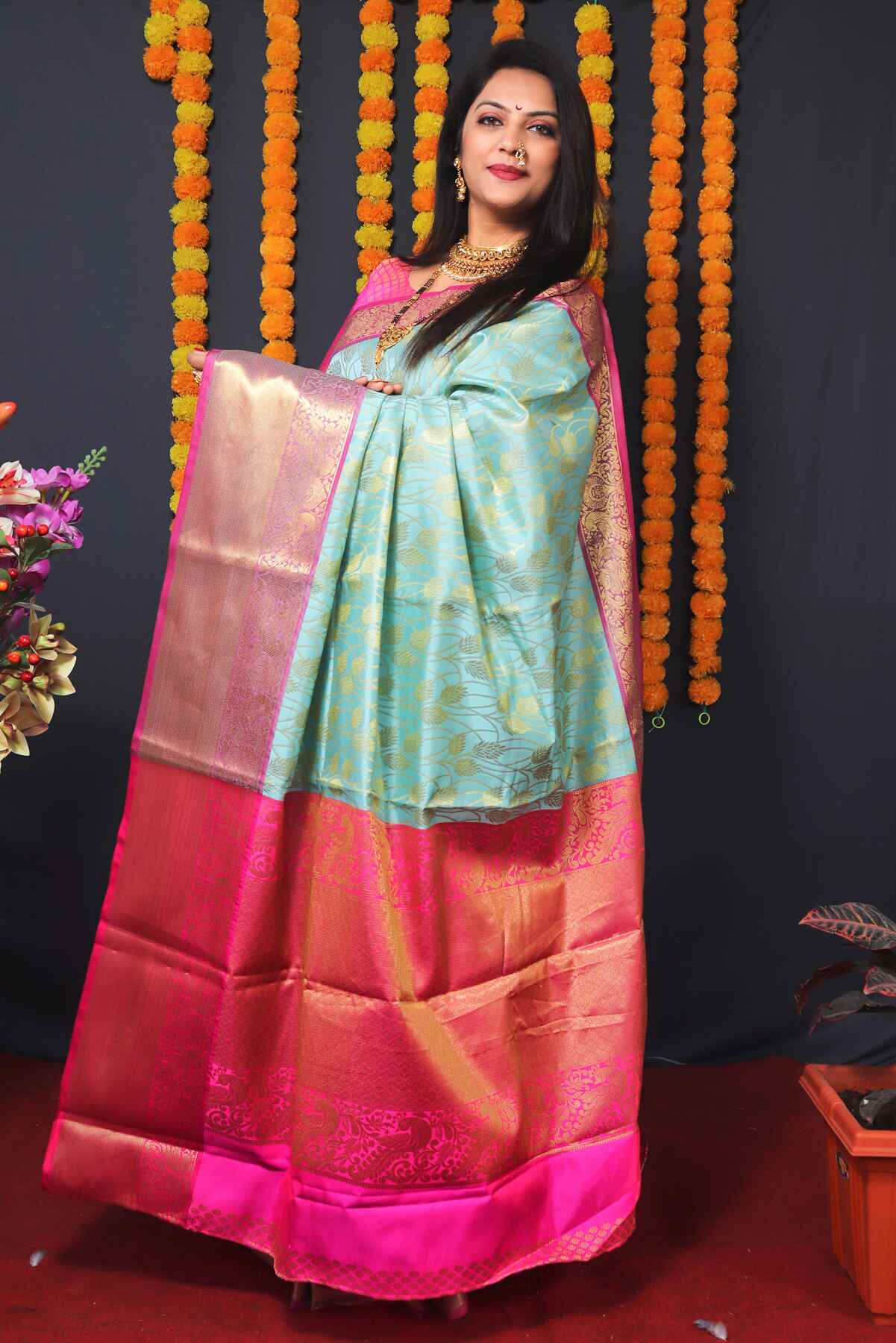 Prominent Sky Kanjivaram Silk With Redolent Blouse Piece