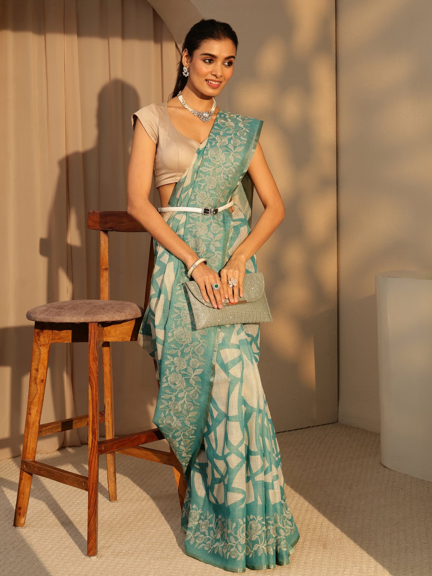 Libas Powder Blue Abstract Printed Cotton Blend Saree