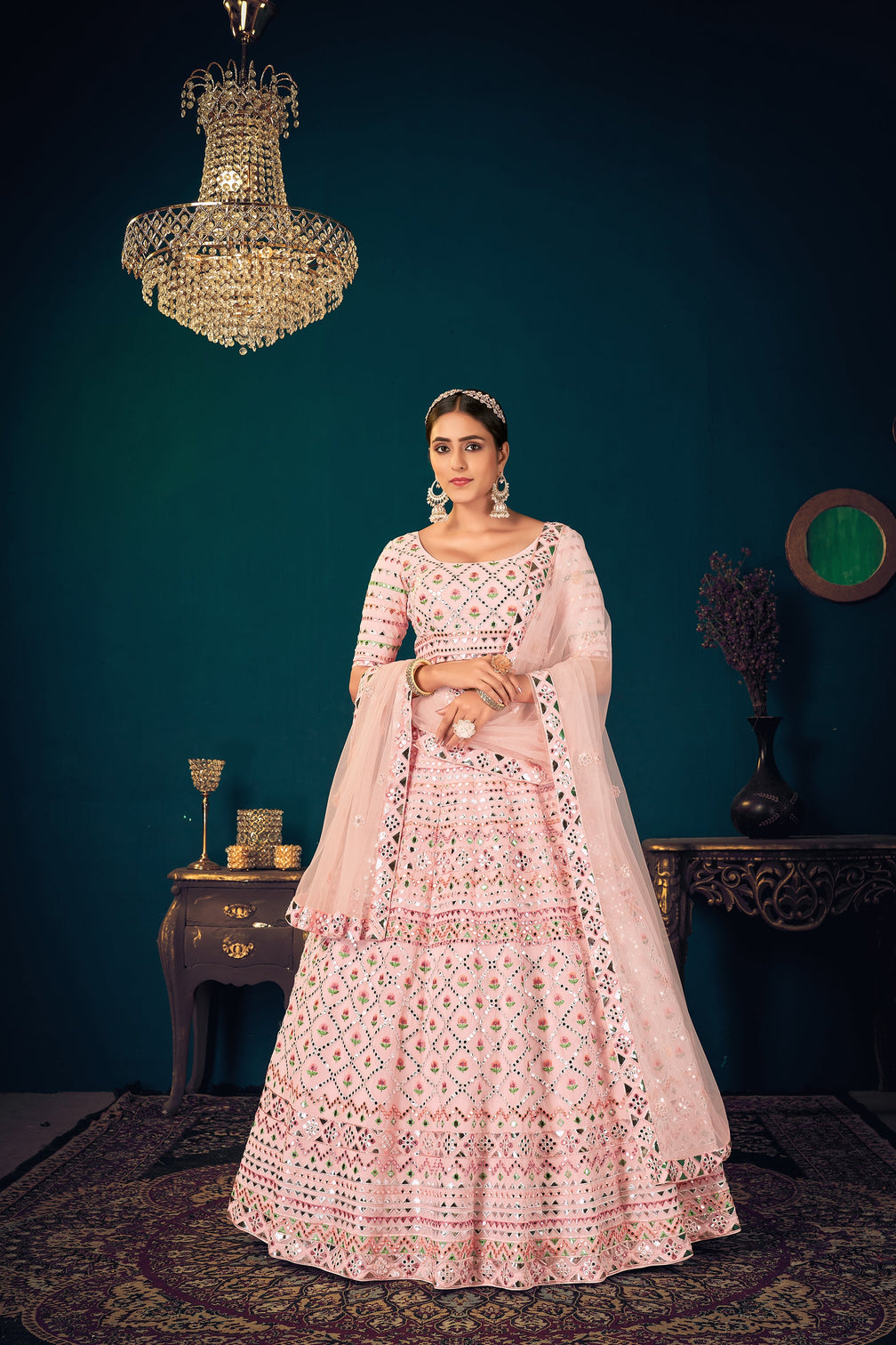 Powder Pink Multi-Thread With Gota Patti Embroidered Georgette Semi Stitched Lehenga