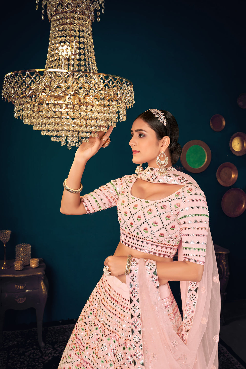 Powder Pink Multi-Thread With Gota Patti Embroidered Georgette Semi Stitched Lehenga
