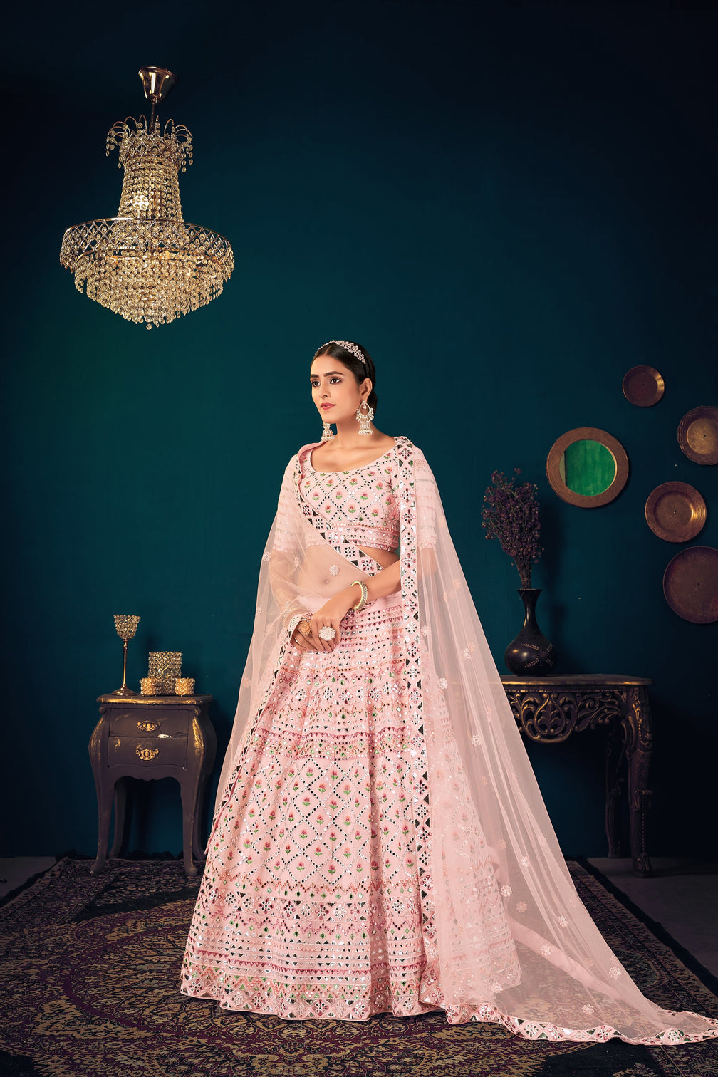 Powder Pink Multi-Thread With Gota Patti Embroidered Georgette Semi Stitched Lehenga