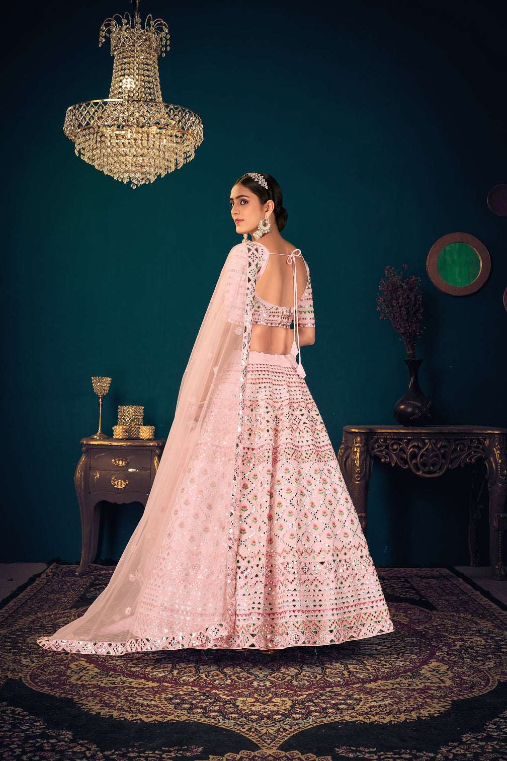 Powder Pink Multi-Thread With Gota Patti Embroidered Georgette Semi Stitched Lehenga