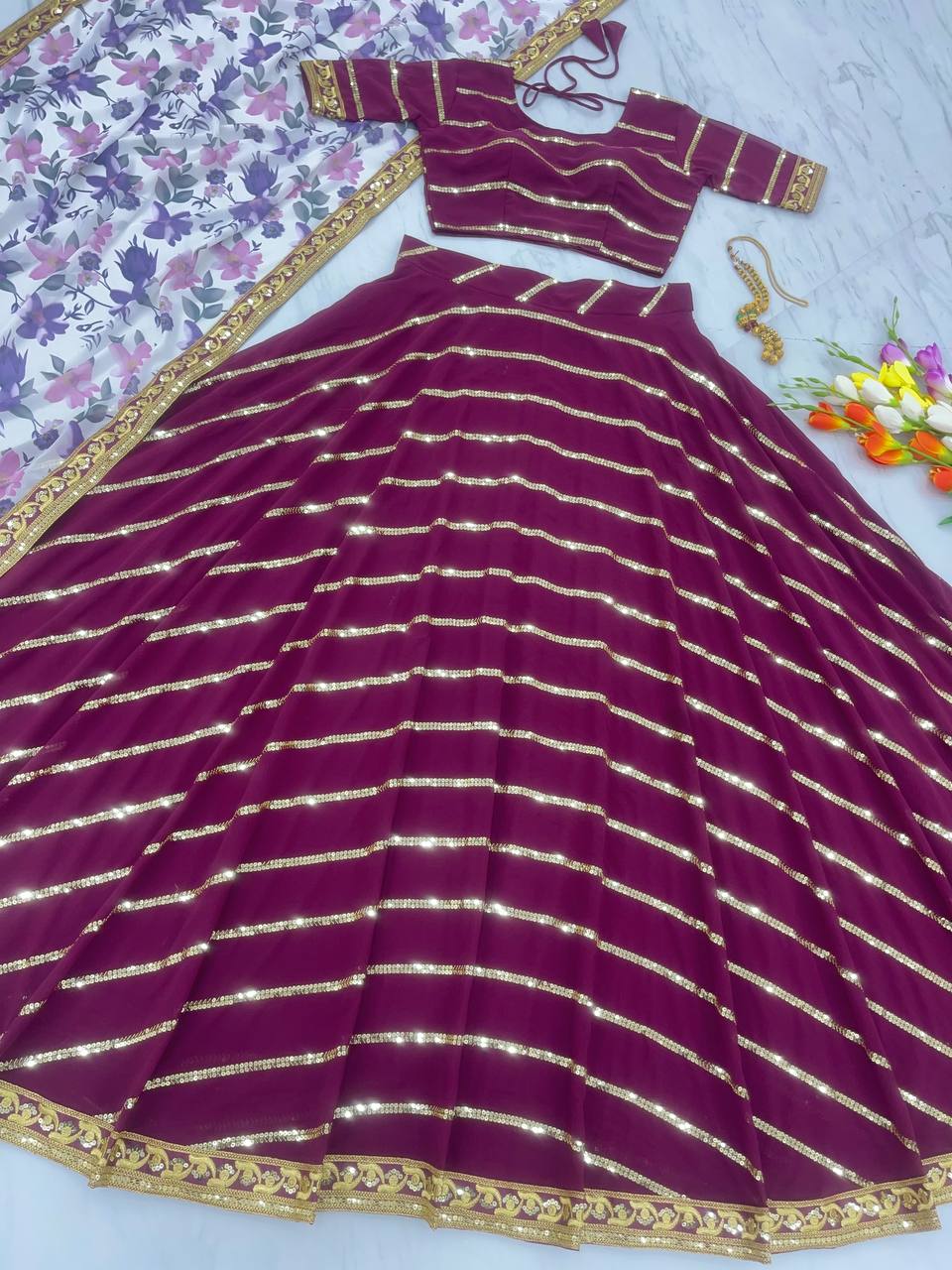 Precious Embroidery Sequence Work Wine Color Lehenga Choli