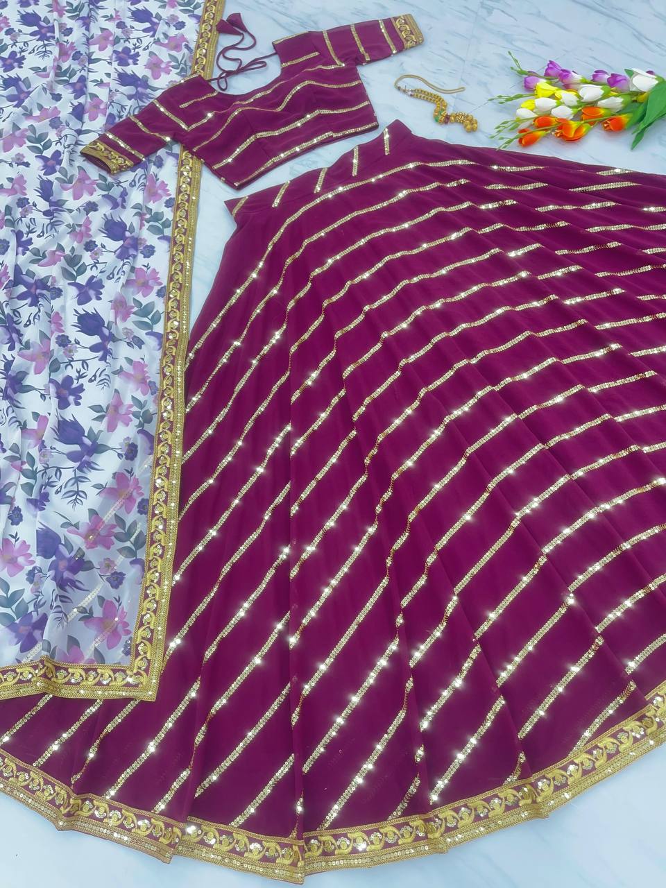 Precious Embroidery Sequence Work Wine Color Lehenga Choli
