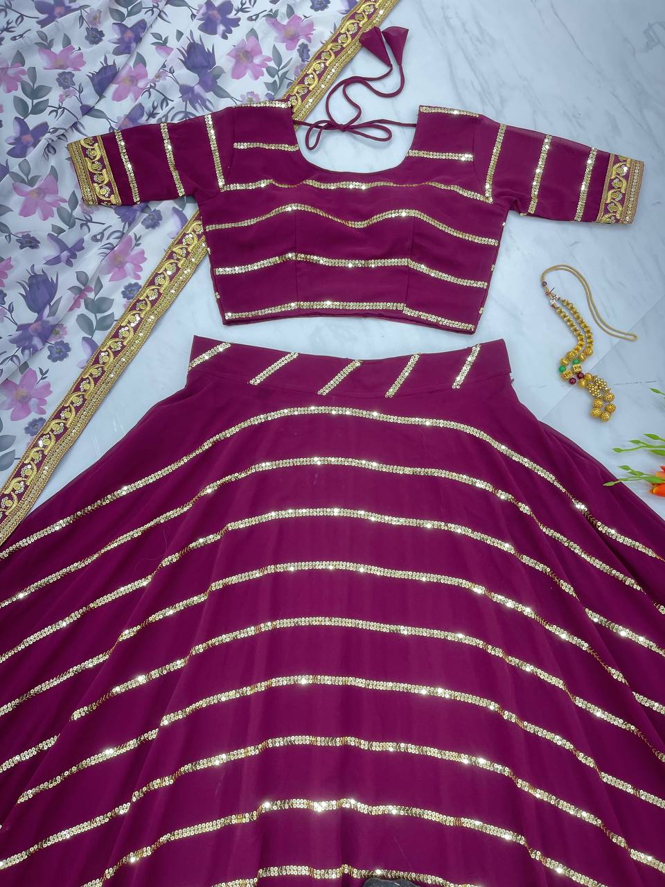 Precious Embroidery Sequence Work Wine Color Lehenga Choli