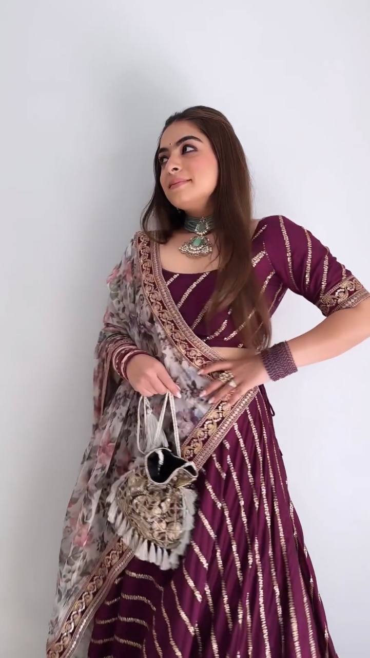 Precious Embroidery Sequence Work Wine Color Lehenga Choli