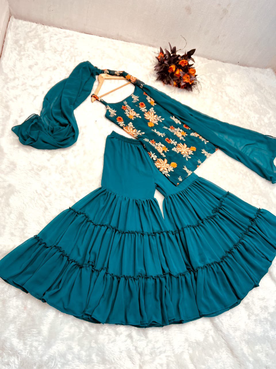 Precious Teal Blue Color Embroidery Work Sharara Suit