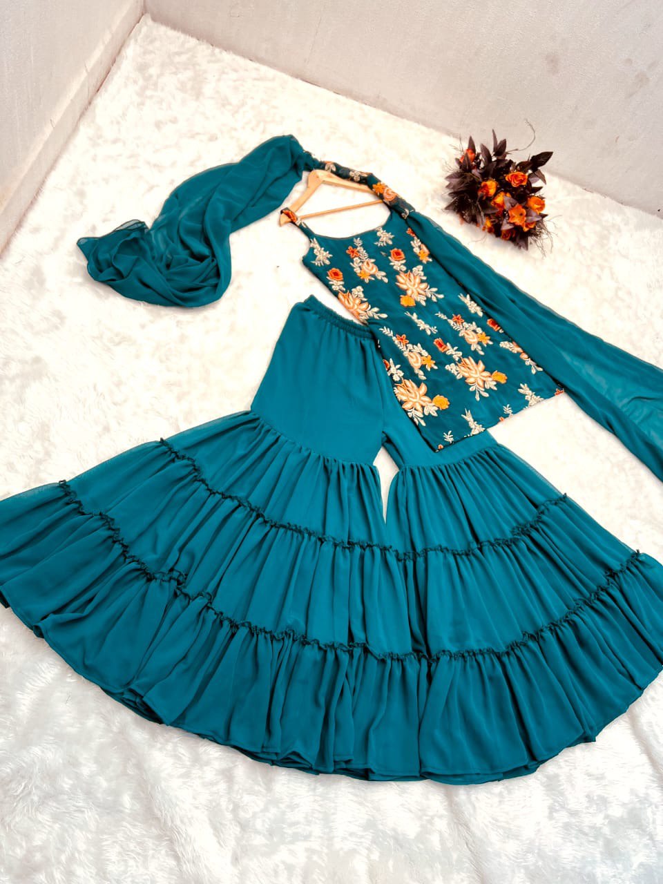 Precious Teal Blue Color Embroidery Work Sharara Suit