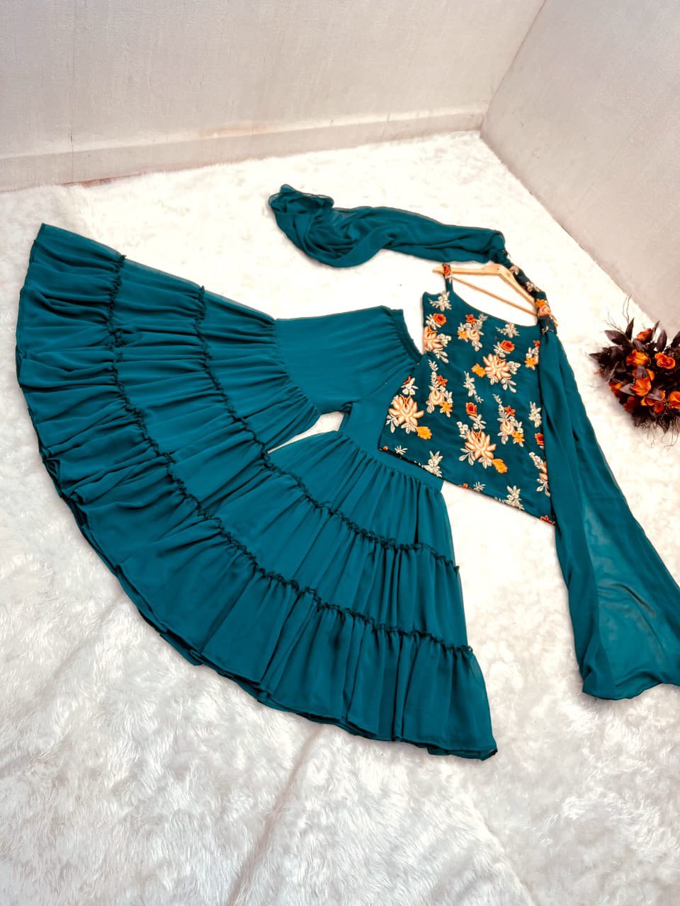 Precious Teal Blue Color Embroidery Work Sharara Suit