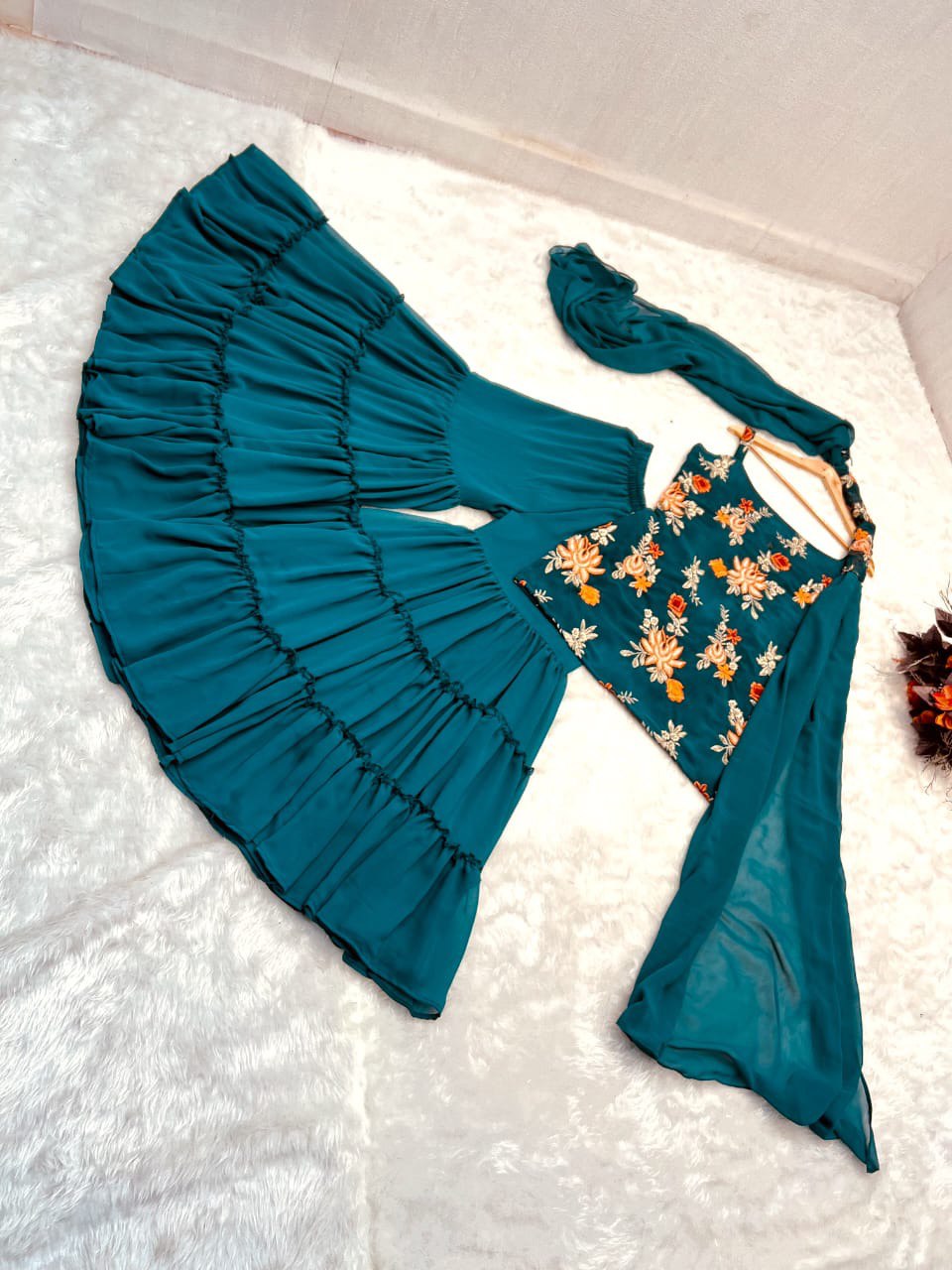 Precious Teal Blue Color Embroidery Work Sharara Suit