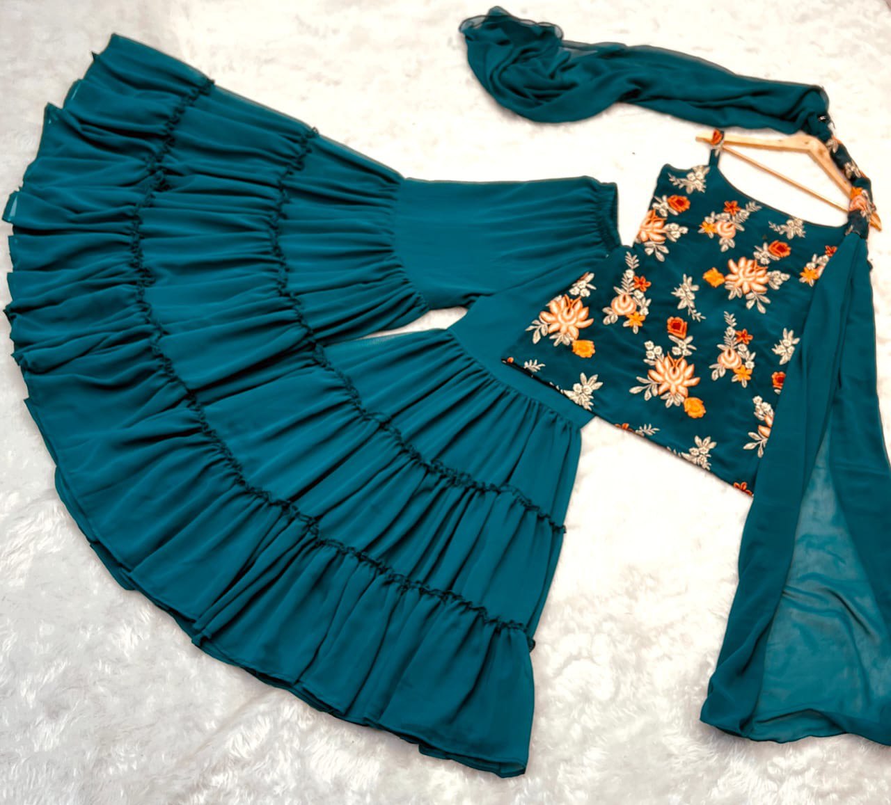 Precious Teal Blue Color Embroidery Work Sharara Suit