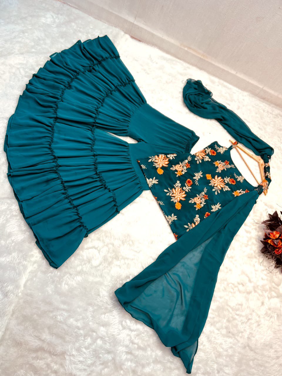 Precious Teal Blue Color Embroidery Work Sharara Suit