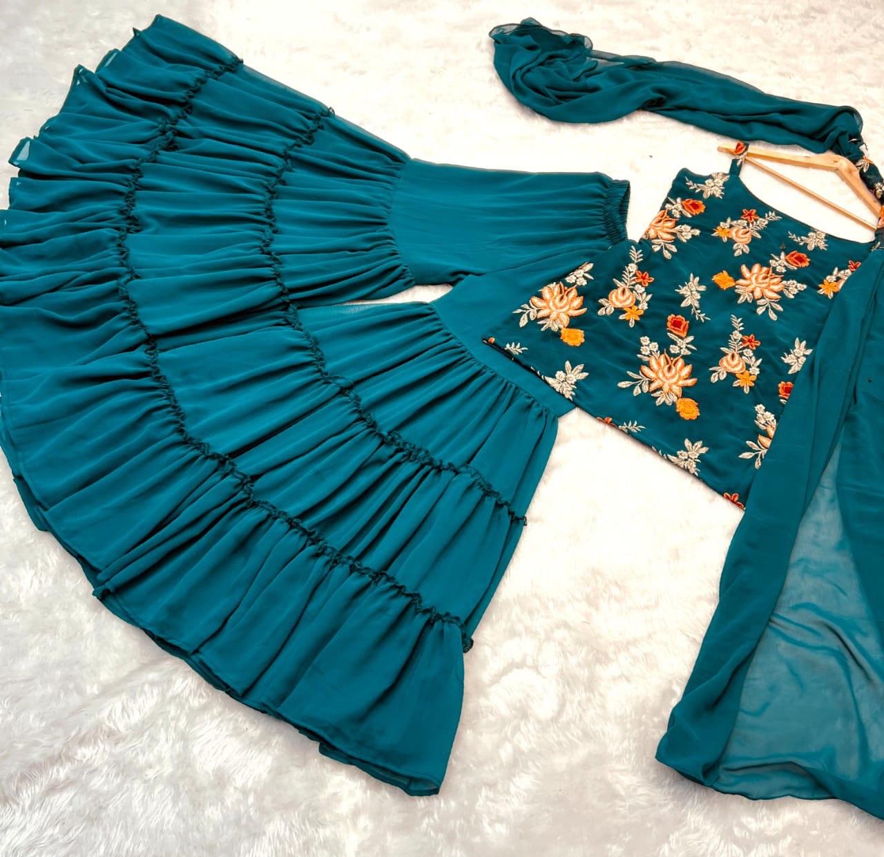 Precious Teal Blue Color Embroidery Work Sharara Suit