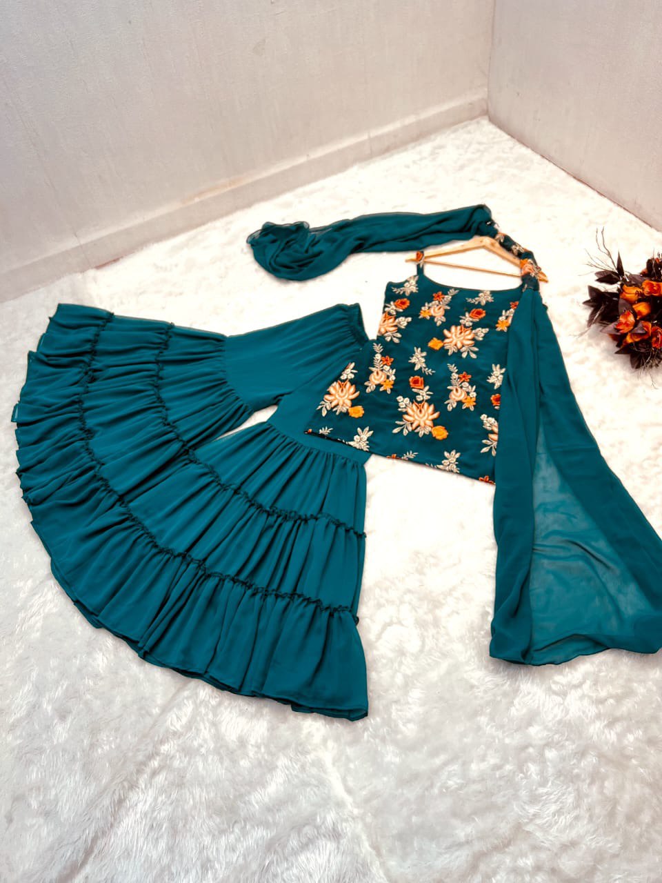 Precious Teal Blue Color Embroidery Work Sharara Suit