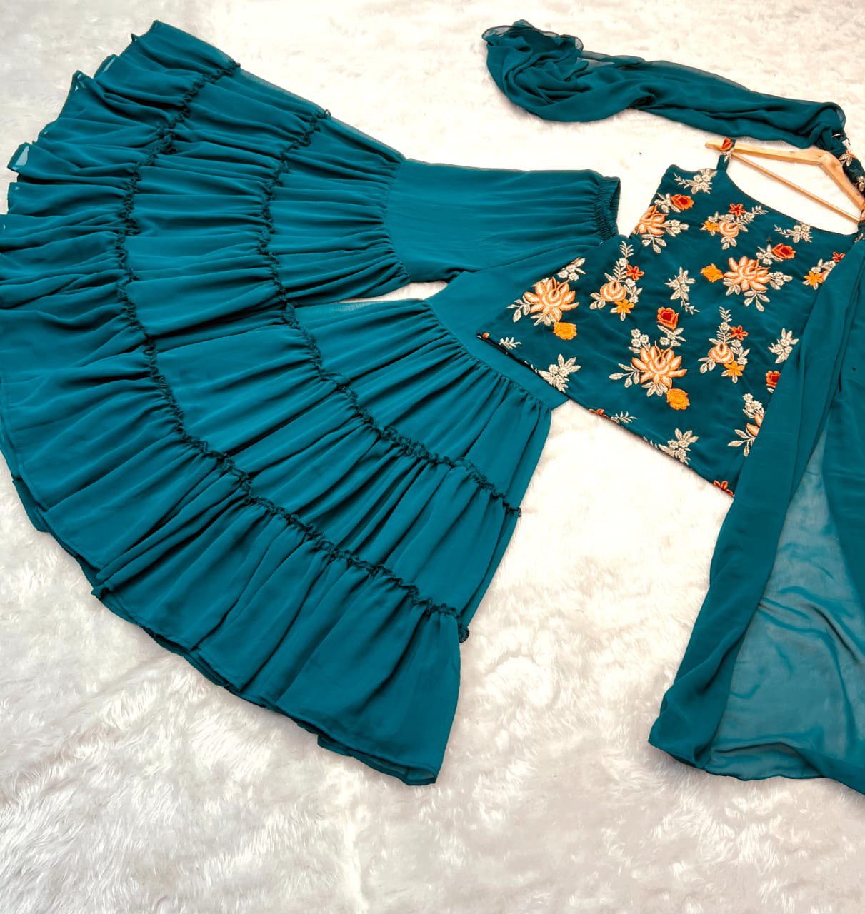 Precious Teal Blue Color Embroidery Work Sharara Suit