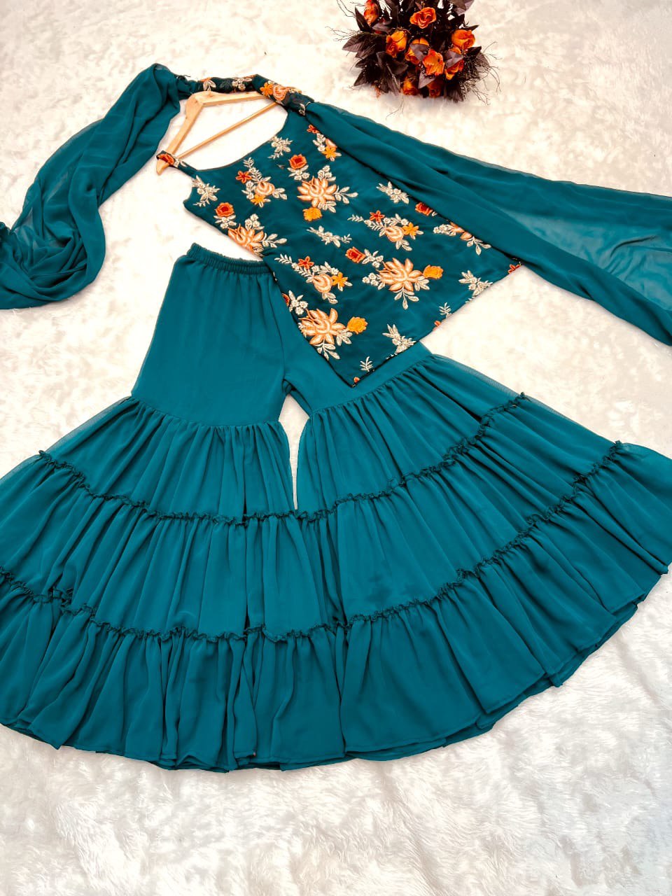 Precious Teal Blue Color Embroidery Work Sharara Suit