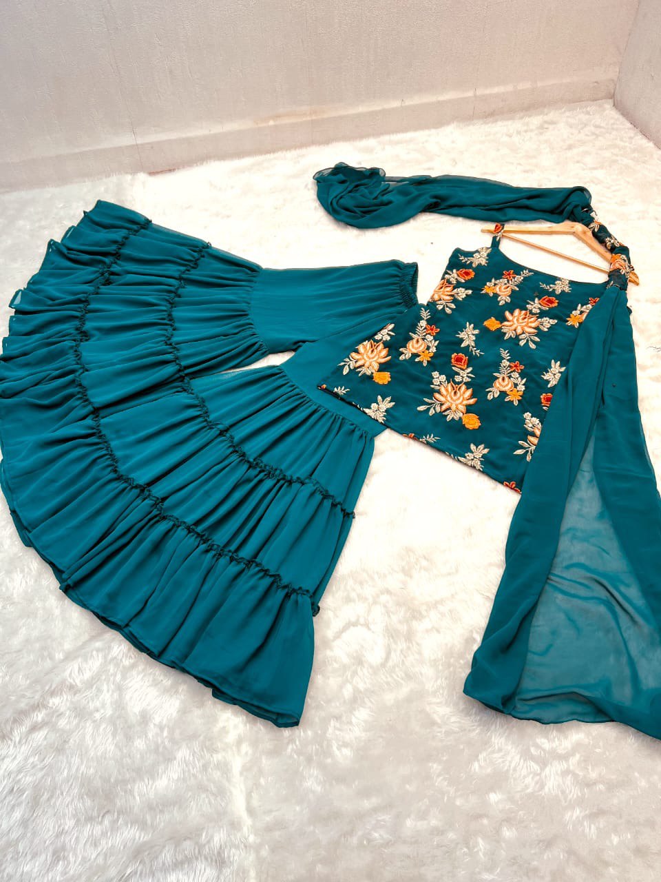 Precious Teal Blue Color Embroidery Work Sharara Suit