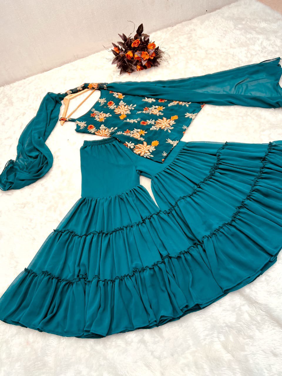 Precious Teal Blue Color Embroidery Work Sharara Suit