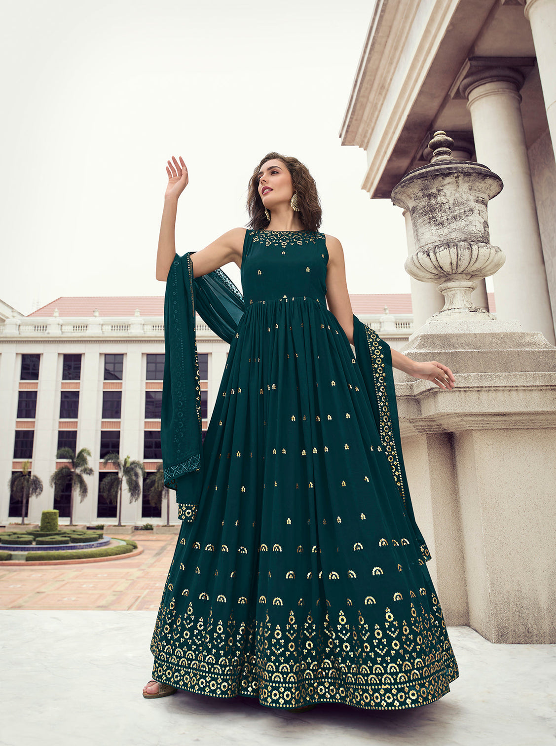 Precious Teal Blue Color Thread Sequence Work Gown