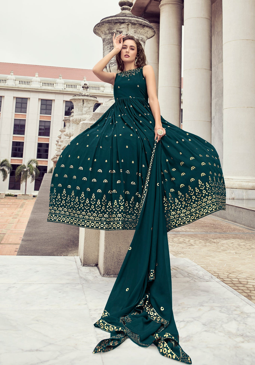 Precious Teal Blue Color Thread Sequence Work Gown