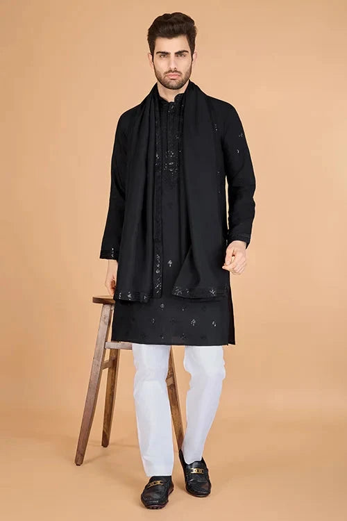 Stylish Black Kurta for Men with Thread Work Design