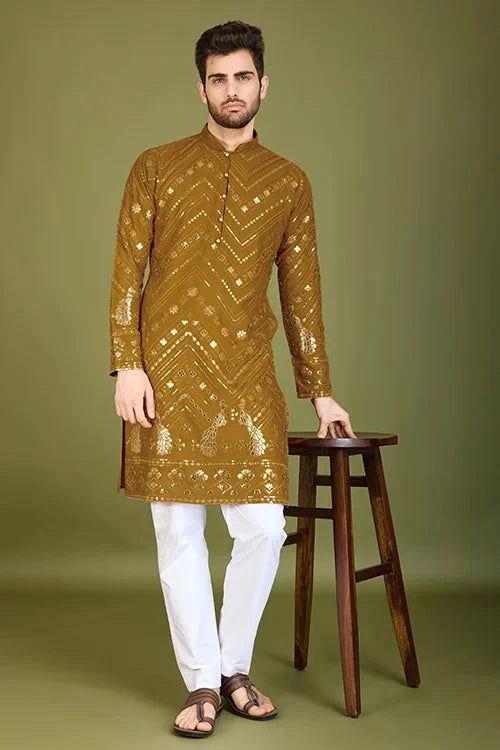 Yellow Viscose Rayon Men's Kurta with Thread & Sequence Work