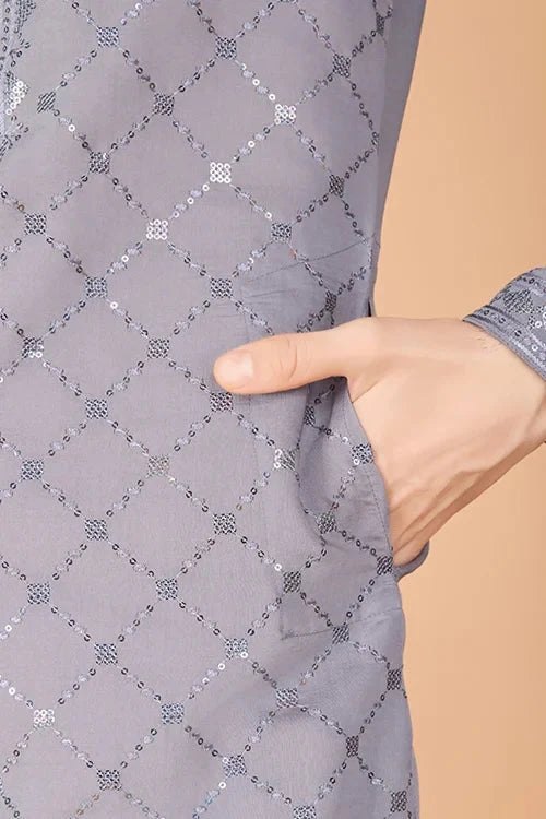Designer Grey Viscose Silk Men's Kurta – Elegant Wedding Attire