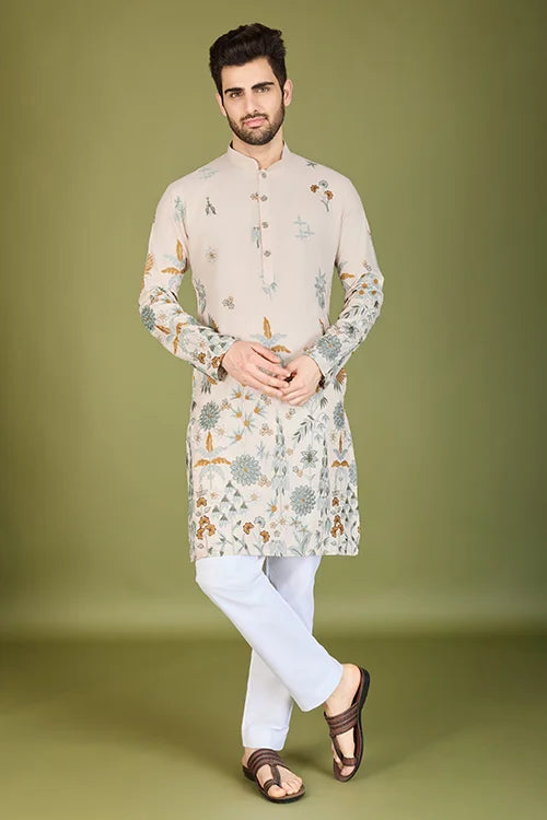 Ivory Viscose Rayon Designer Men's Kurta