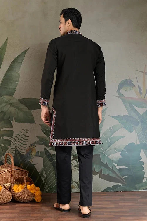 Designer Premium Embroidered Black Silk Kurta for Men
