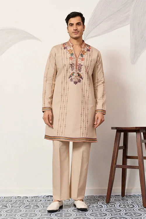 Premium Beige Embroidered V Neck Kurta Pant Set