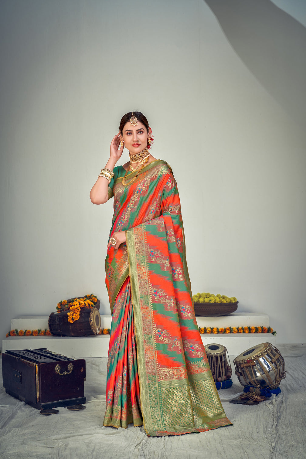 Prepossessing Orange And Green Zari Woven Banarasi Silk Wedding Saree