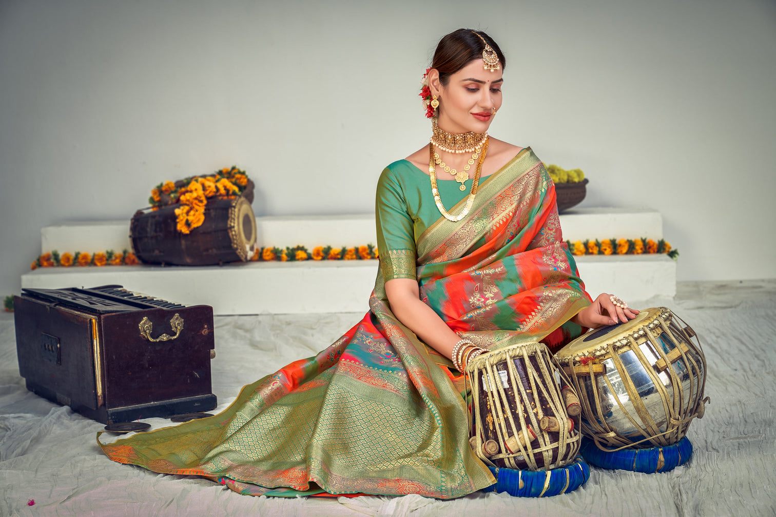 Prepossessing Orange And Green Zari Woven Banarasi Silk Wedding Saree