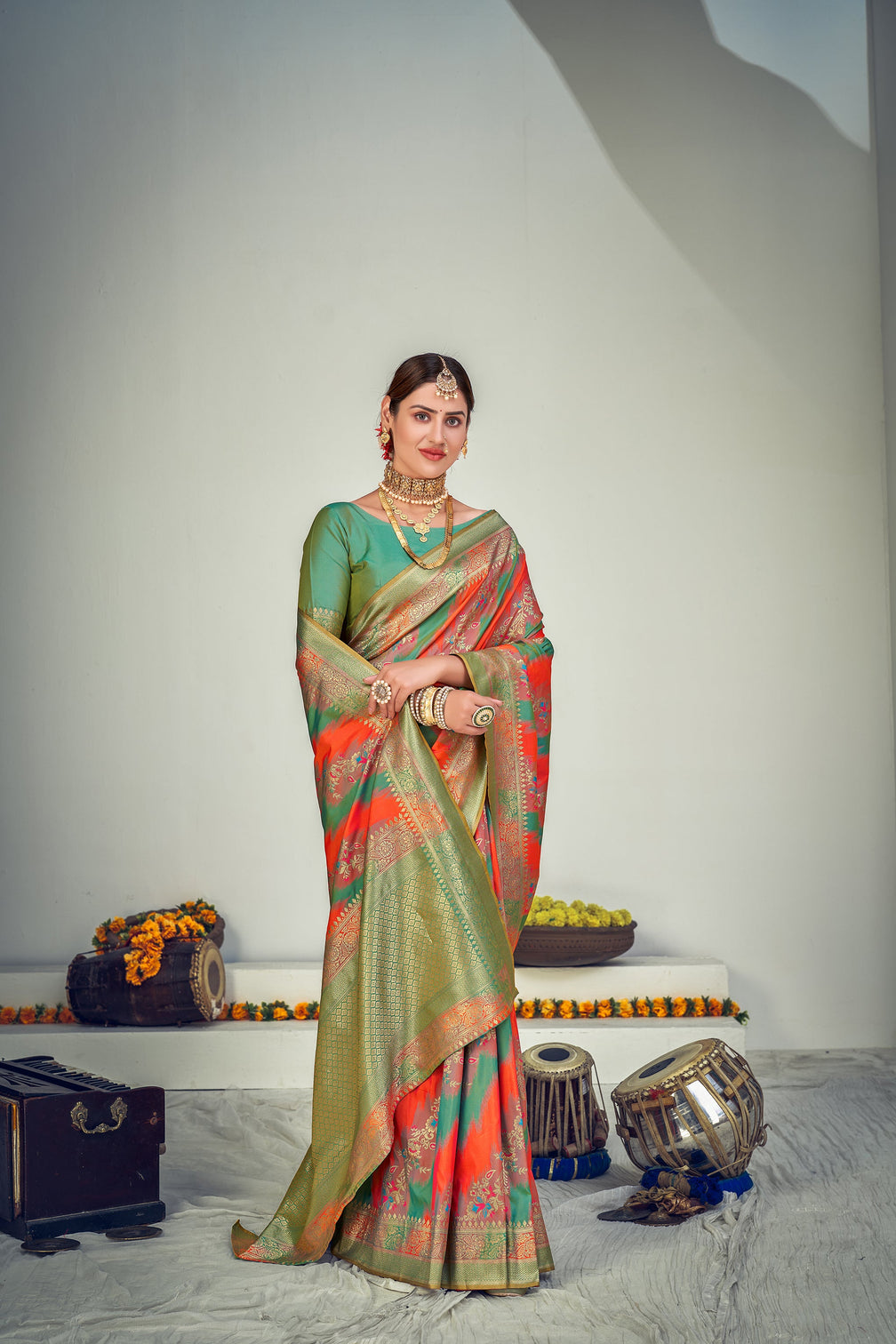 Prepossessing Orange And Green Zari Woven Banarasi Silk Wedding Saree