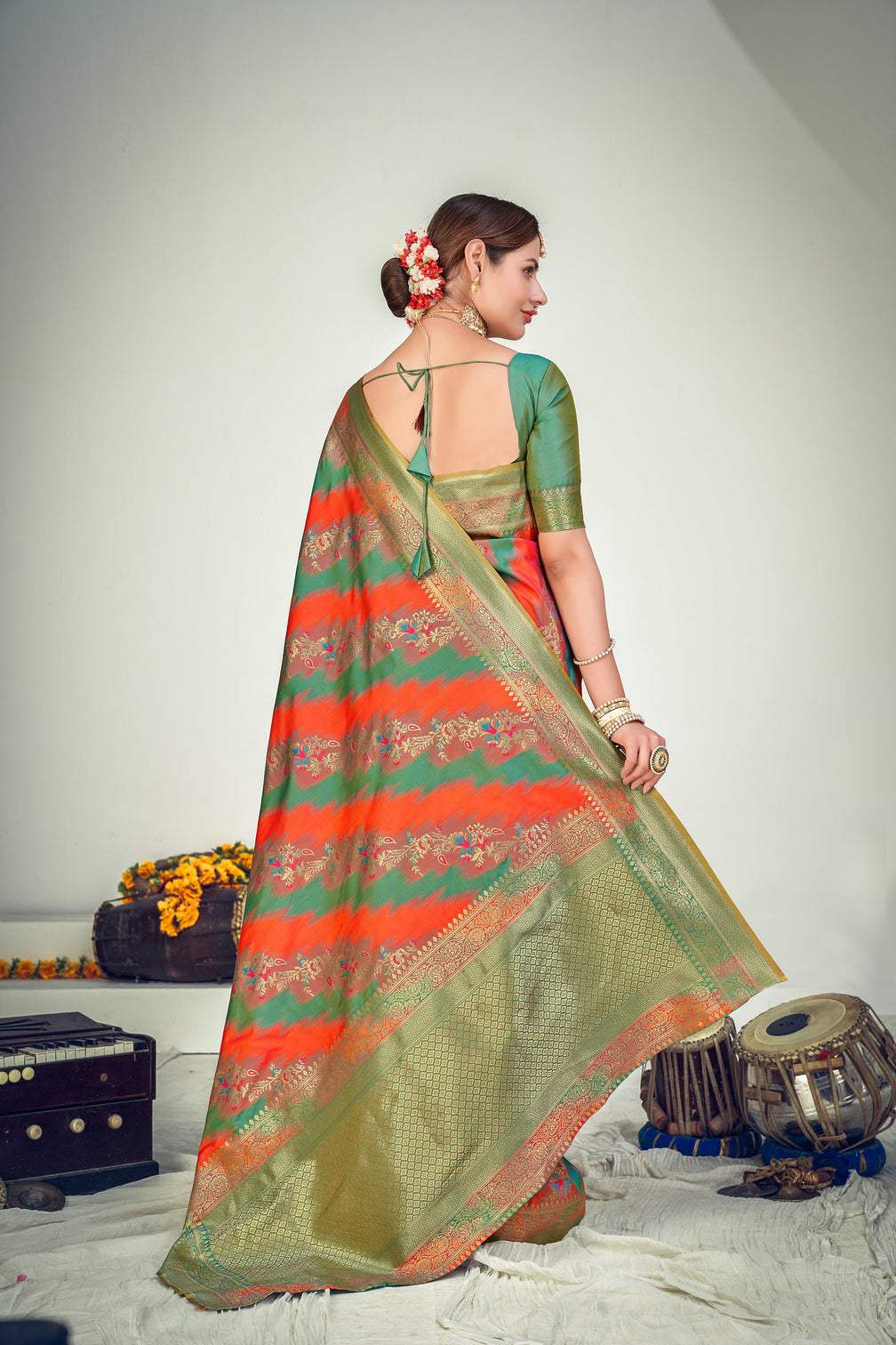 Prepossessing Orange And Green Zari Woven Banarasi Silk Wedding Saree