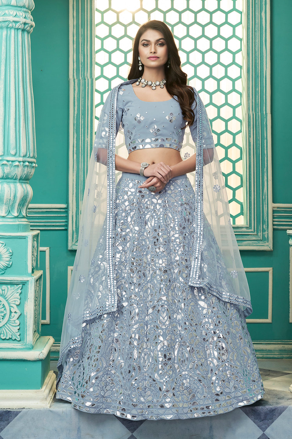 Pretty Sky Blue Gota Patti Embroidered Georgette Party Wear Lehenga Choli