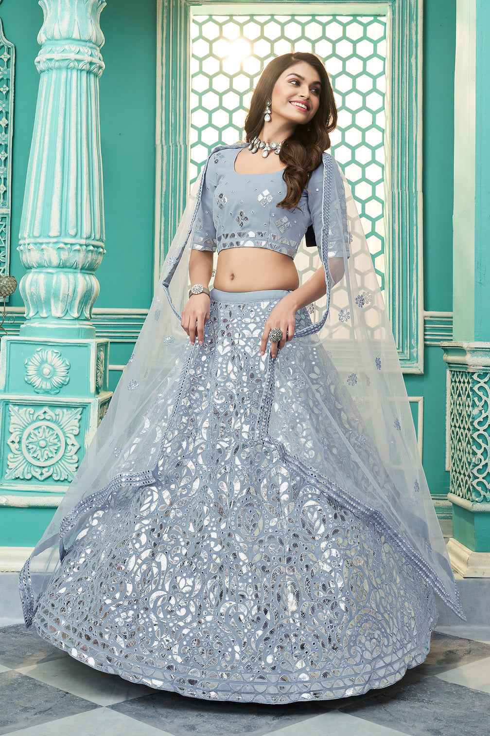 Pretty Sky Blue Gota Patti Embroidered Georgette Party Wear Lehenga Choli