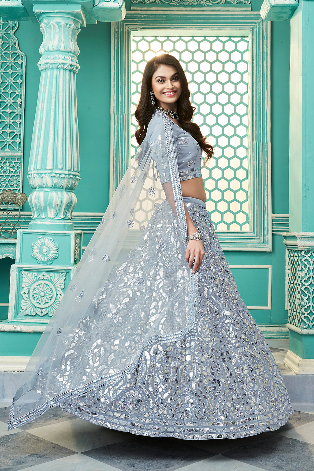 Pretty Sky Blue Gota Patti Embroidered Georgette Party Wear Lehenga Choli