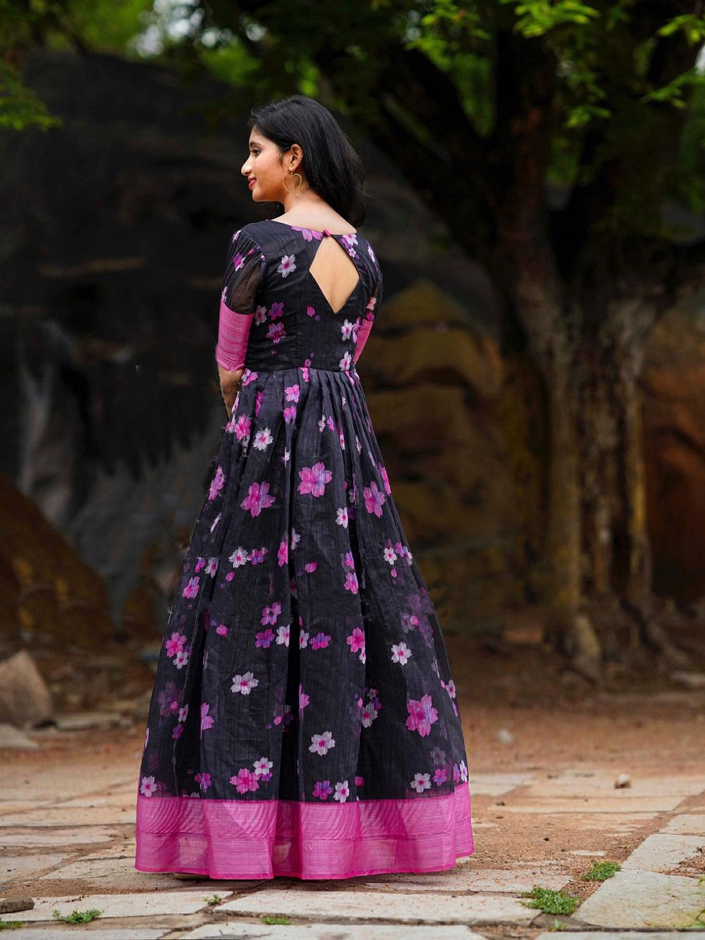 Wine Color Soft Cotton Gown With Print And Weaving Border Work