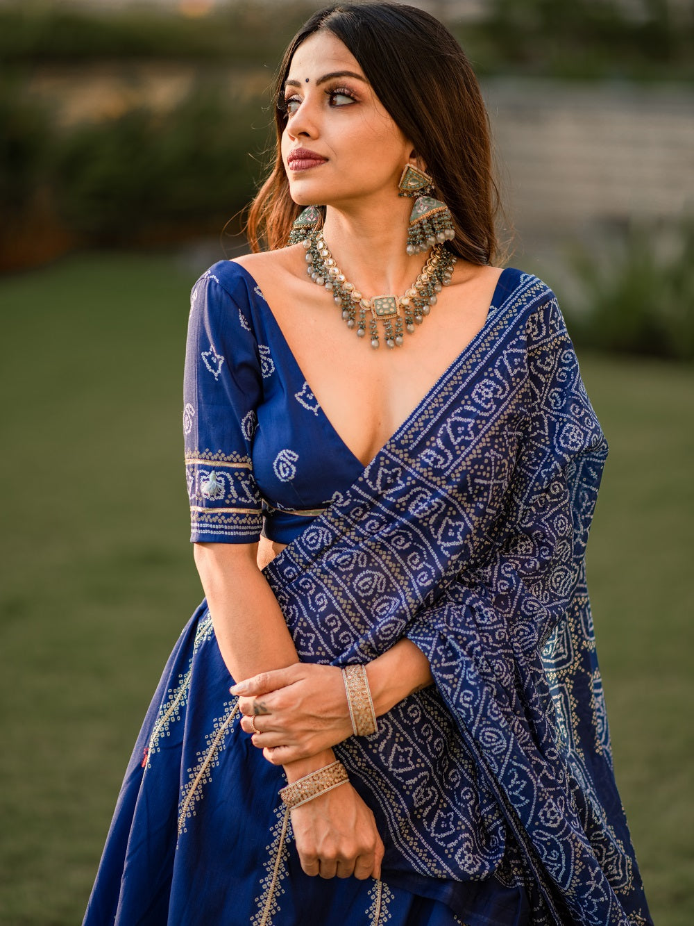 Navy blue vaishali silk bandhani print lehenga choli with gota patti dupatta