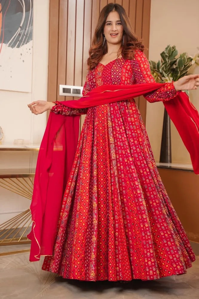 Printed Maslin Anarkali With Georgette Dupatta