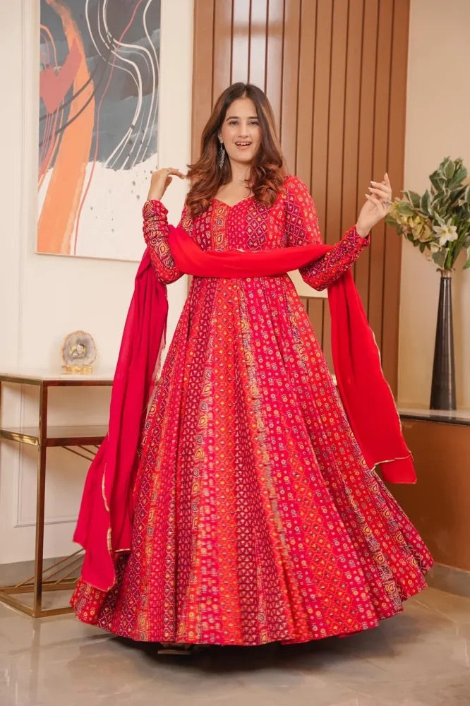 Printed Maslin Anarkali With Georgette Dupatta