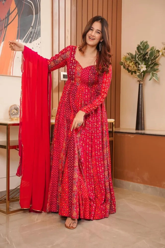 Printed Maslin Anarkali With Georgette Dupatta