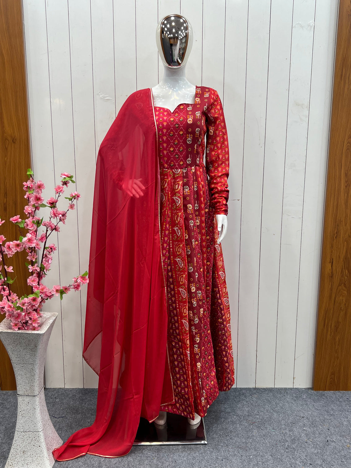 Printed Maslin Anarkali With Georgette Dupatta