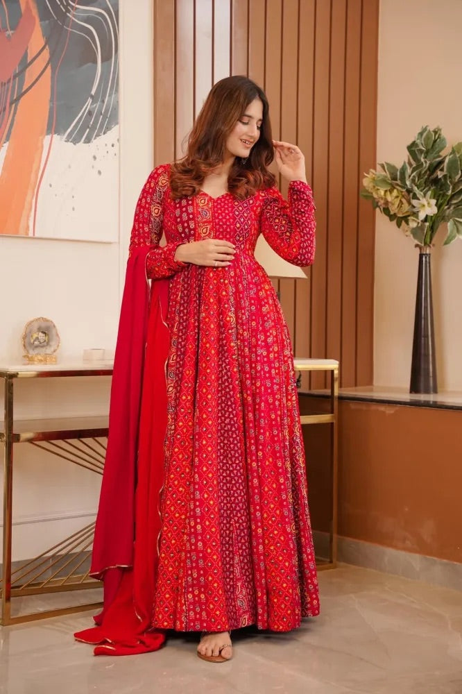 Printed Maslin Anarkali With Georgette Dupatta
