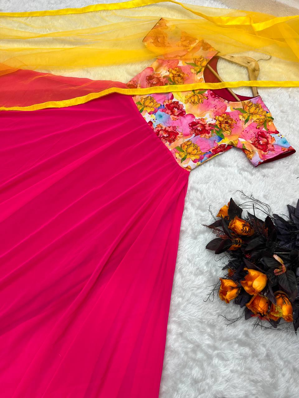 Printed Pink Color Gown with Yellow Dupatta