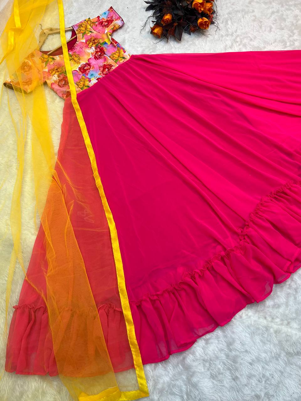 Printed Pink Color Gown with Yellow Dupatta