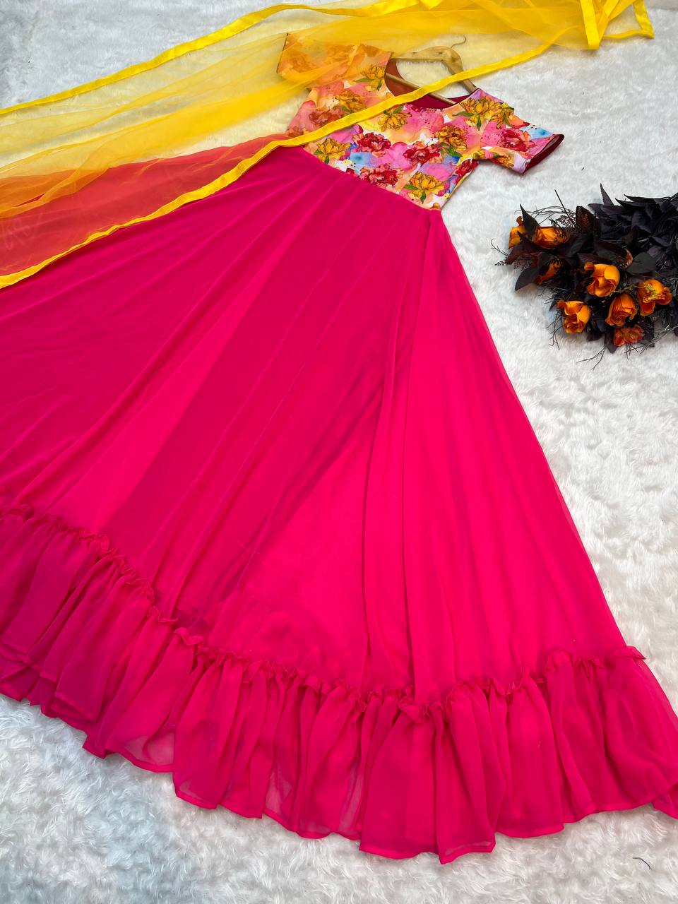 Printed Pink Color Gown with Yellow Dupatta