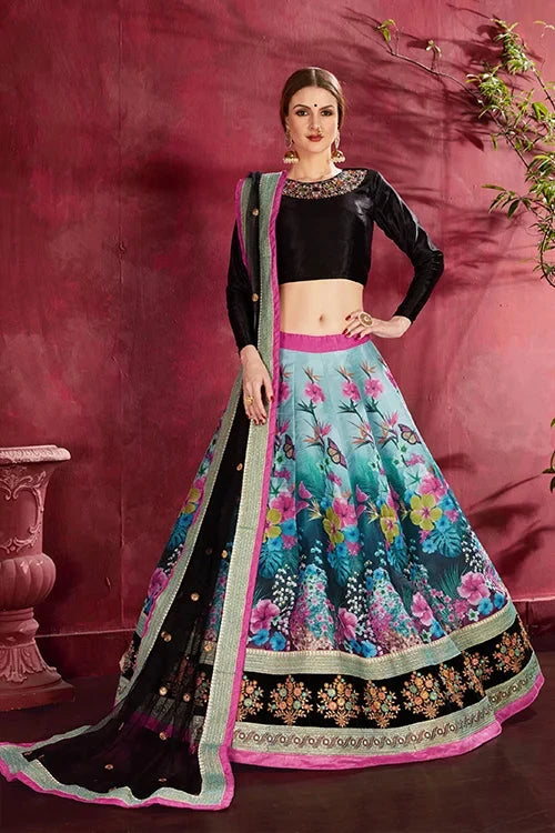 Printed Women Collection Lehenga Choli With Dupatta Black-Multi Colour